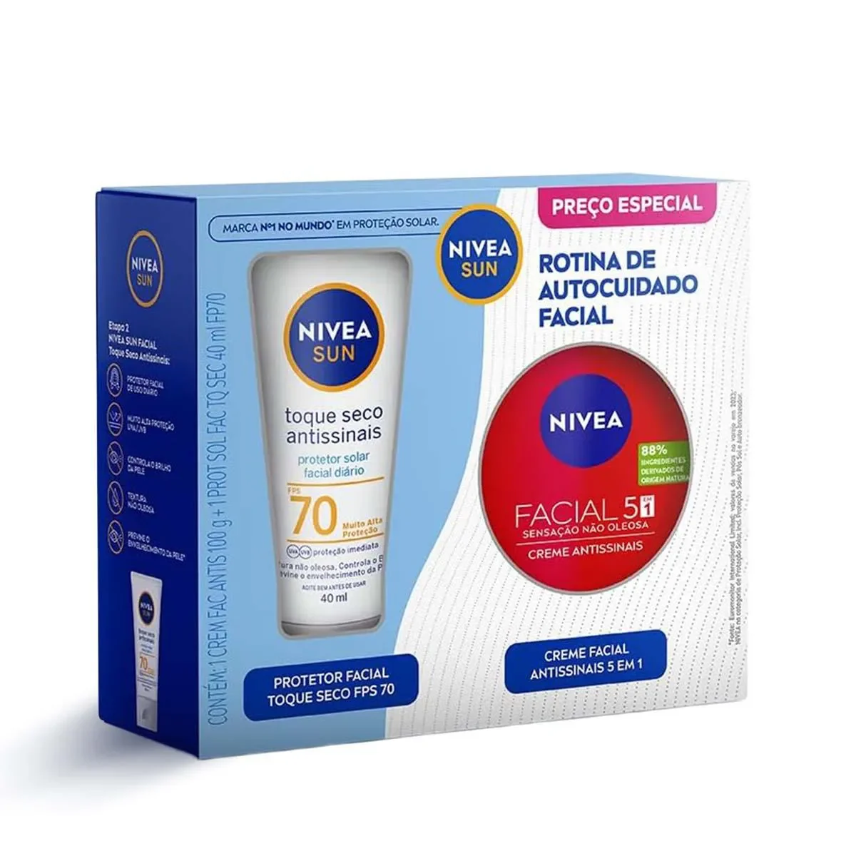 Kit Nivea Sun Rotina de Autocuidado Facial Protetor Solar FPS70 40ml + Creme Antissinais 100g - imagem 1
