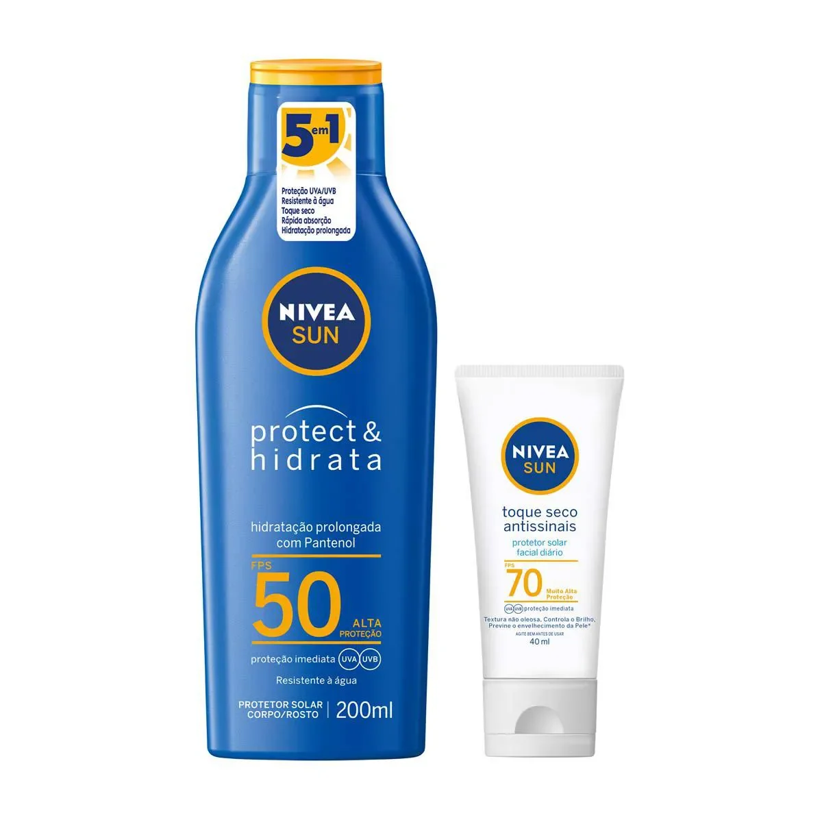Kit Nivea Sun Rotina de Autocuidado Completa Protetor Solar Protect & Hidrata FPS50 200ml + Protetor Solar Facial Toqu Seco Antissinais FPS70 40ml - imagem 1
