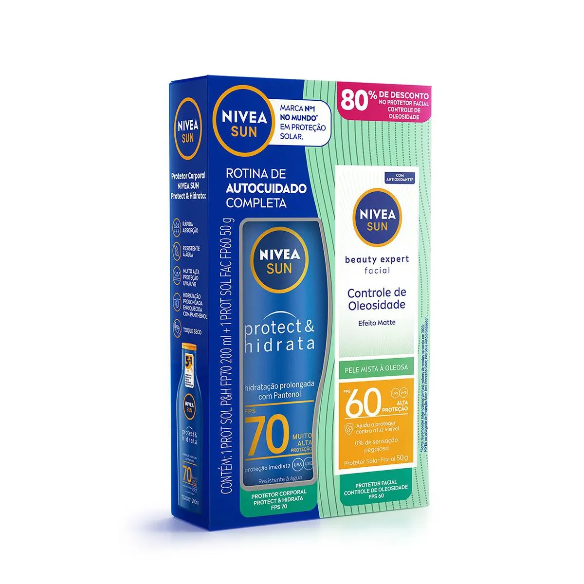 Kit Nivea Sun Rotina de Autocuidado Completa Protetor Solar Protect & Hidrata FPS50 200ml + Protetor Solar Facial Beauty Oleosidade FPS60 50ml - imagem 1