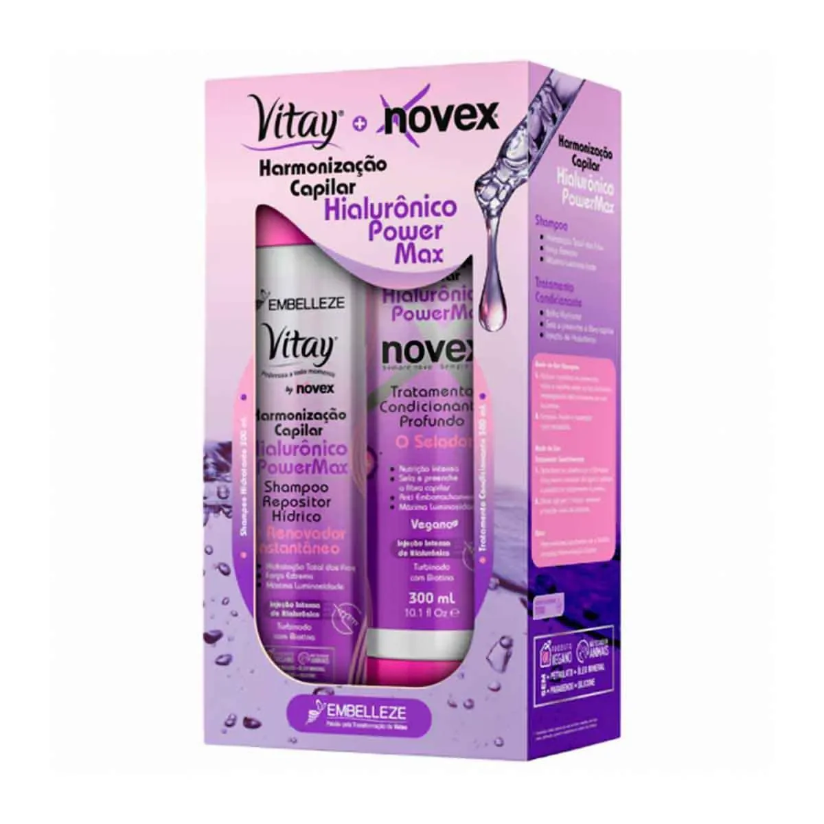 Kit Embelleze Harmonização Capilar Hialurônico Power Max Shampoo Vitay 300ml + Condicionador Novex 300ml - imagem 1