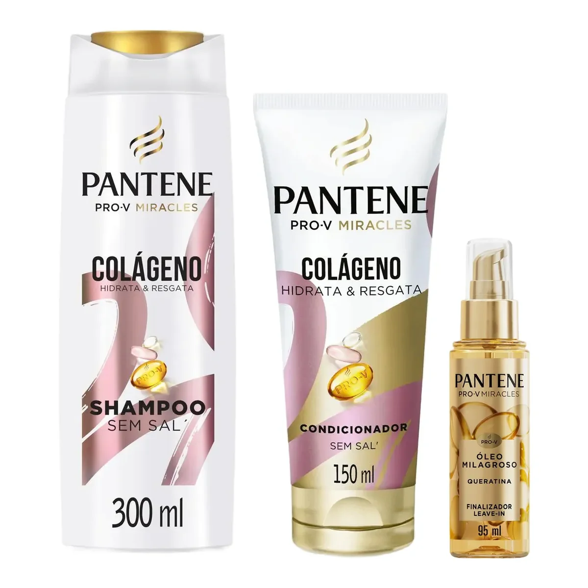 Kit Pantene Miracles Colágeno Hidrata & Resgata Shampoo 300ml + Condicionador 150ml + Óleo Milagroso Finalizador Leave-in Queratina 95ml - imagem 1