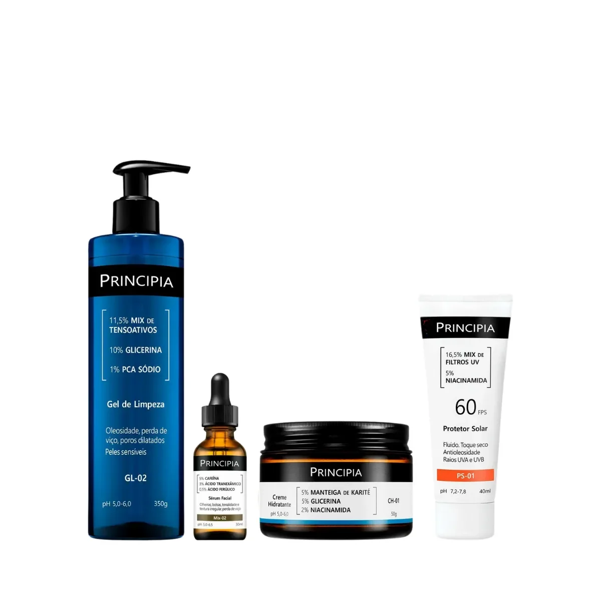 Kit Facial Principia Skincare Gel de Limpeza Suave GL-02 350ml + Sérum Anti-Idade Mix-02 30ml + Creme Hidratante CH-01 50g + Protetor Solar PS-01 FPS 60 40ml - imagem 1