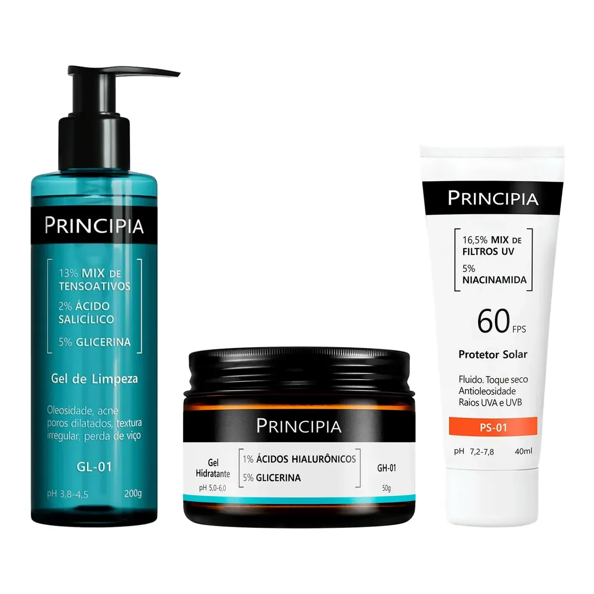 Kit Facial Principia Skincare Gel de Limpeza GL-01 200ml + Gel Hidratante GH-01 50g + Protetor Solar PS-01 FPS 60 40ml - imagem 1