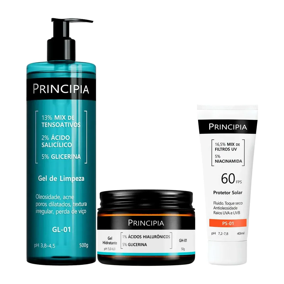 Kit Facial Principia Skincare Gel de Limpeza GL-01 500ml + Gel Hidratante GH-01 50g + Protetor Solar PS-01 FPS 60 40ml - imagem 1
