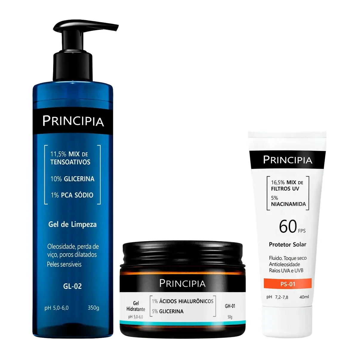 Kit Facial Principia Skincare Gel de Limpeza GL-02 350ml + Gel Hidratante GH-01 50g + Protetor Solar PS-01 FPS 60 40ml - imagem 1