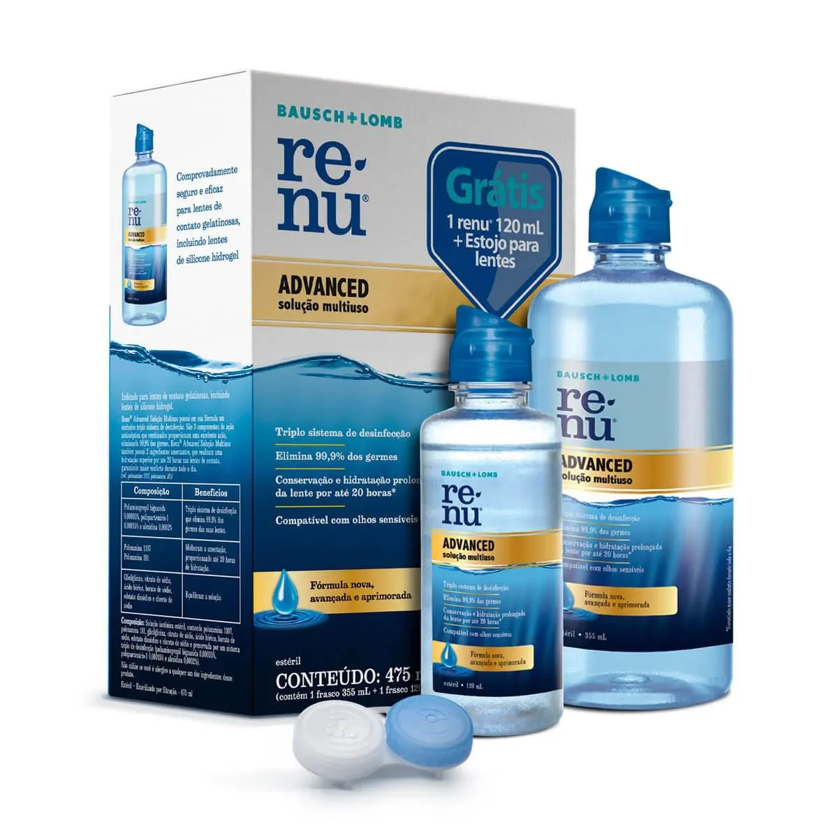 Kit para Limpeza de Lente de Contato Renu Advanced com 335ml + 120ml + Estojo para Lente de Contato - imagem 1