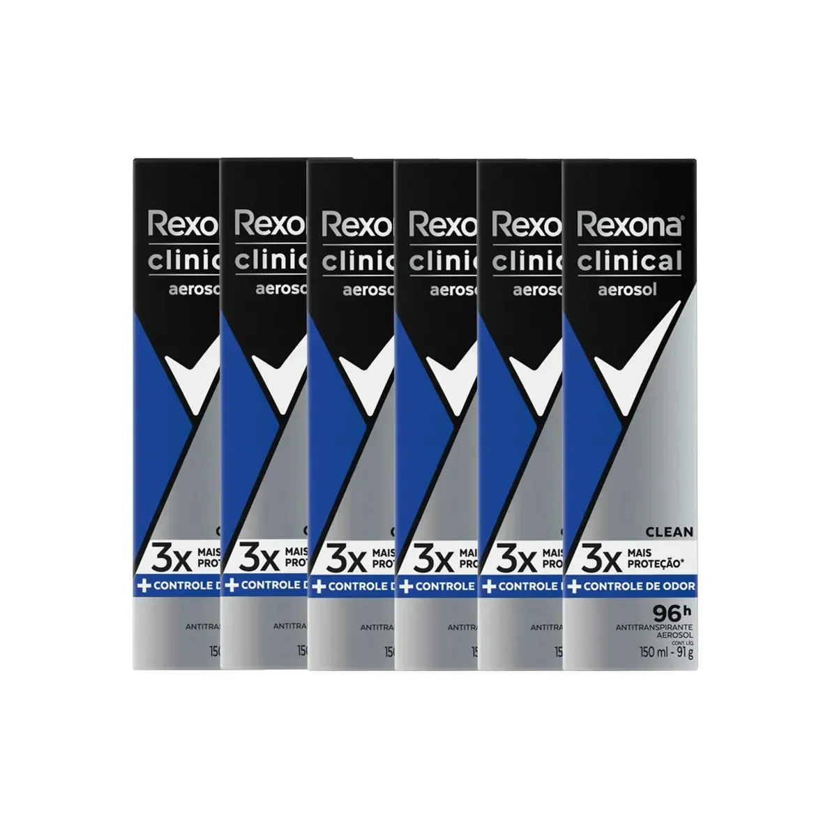 Kit Desodorante Antitranspirante Aerosol Rexona Men Clinical Clean Masculino 96h 150ml 6 unidades - imagem 1