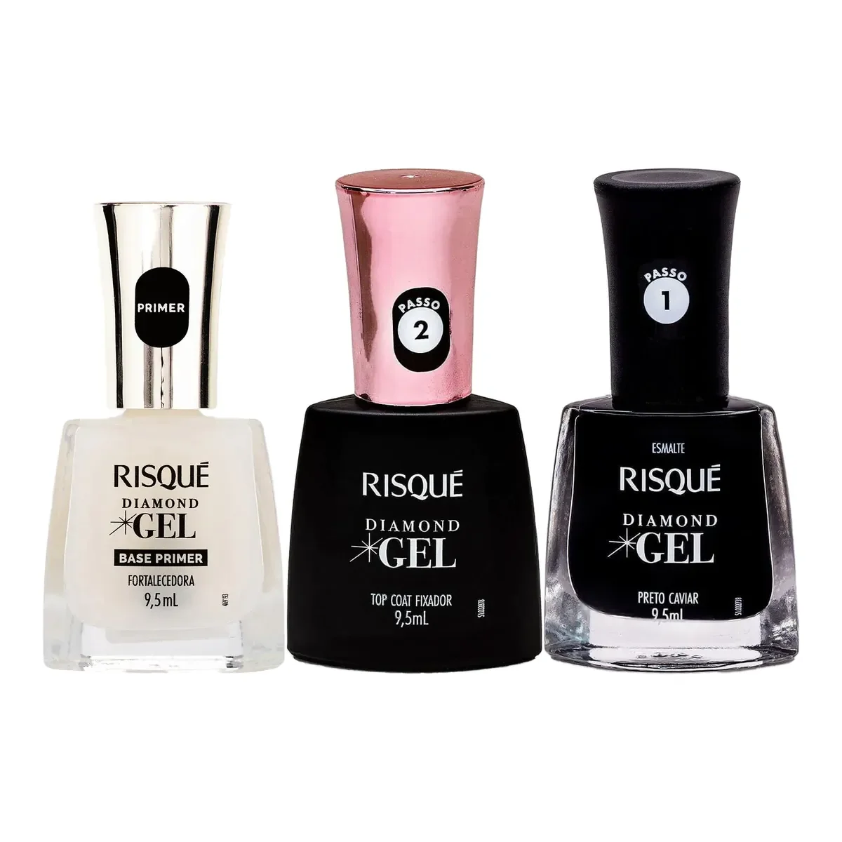 Kit Risqué Diamond Gel Base Primer Fortalecedora 9,5ml + Top Coat Fixador 9,5ml + Esmalte Preto Caviar 9,5ml - imagem 1