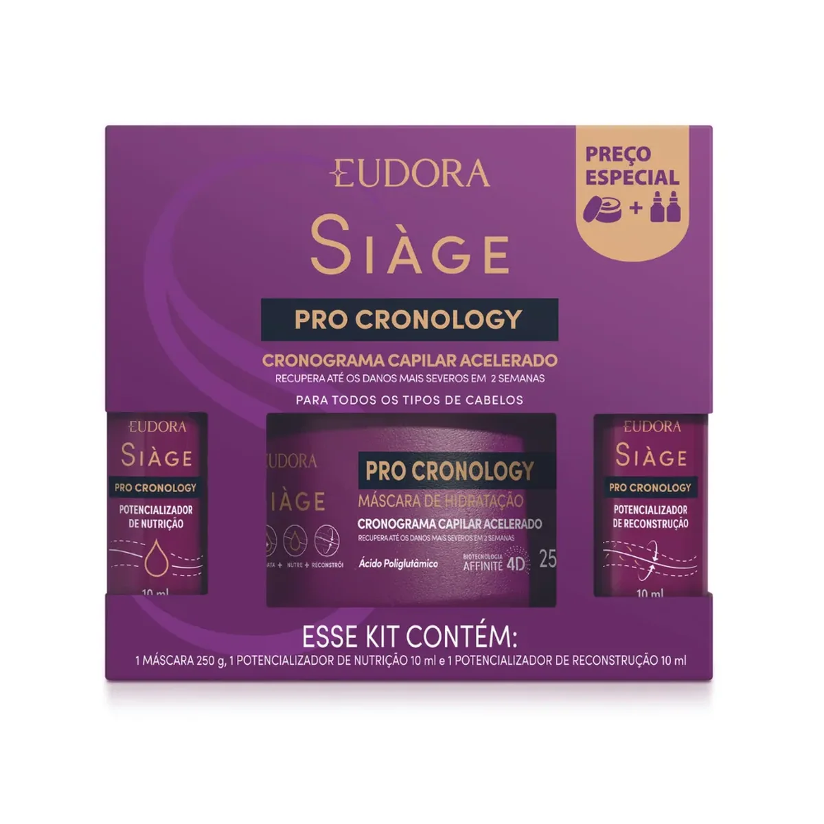 Kit Siàge Pro Cronology Máscara de Hidratação 250g + Potencializador de Nutrição 10ml + Potencializador de Reconstrução 10ml - imagem 1