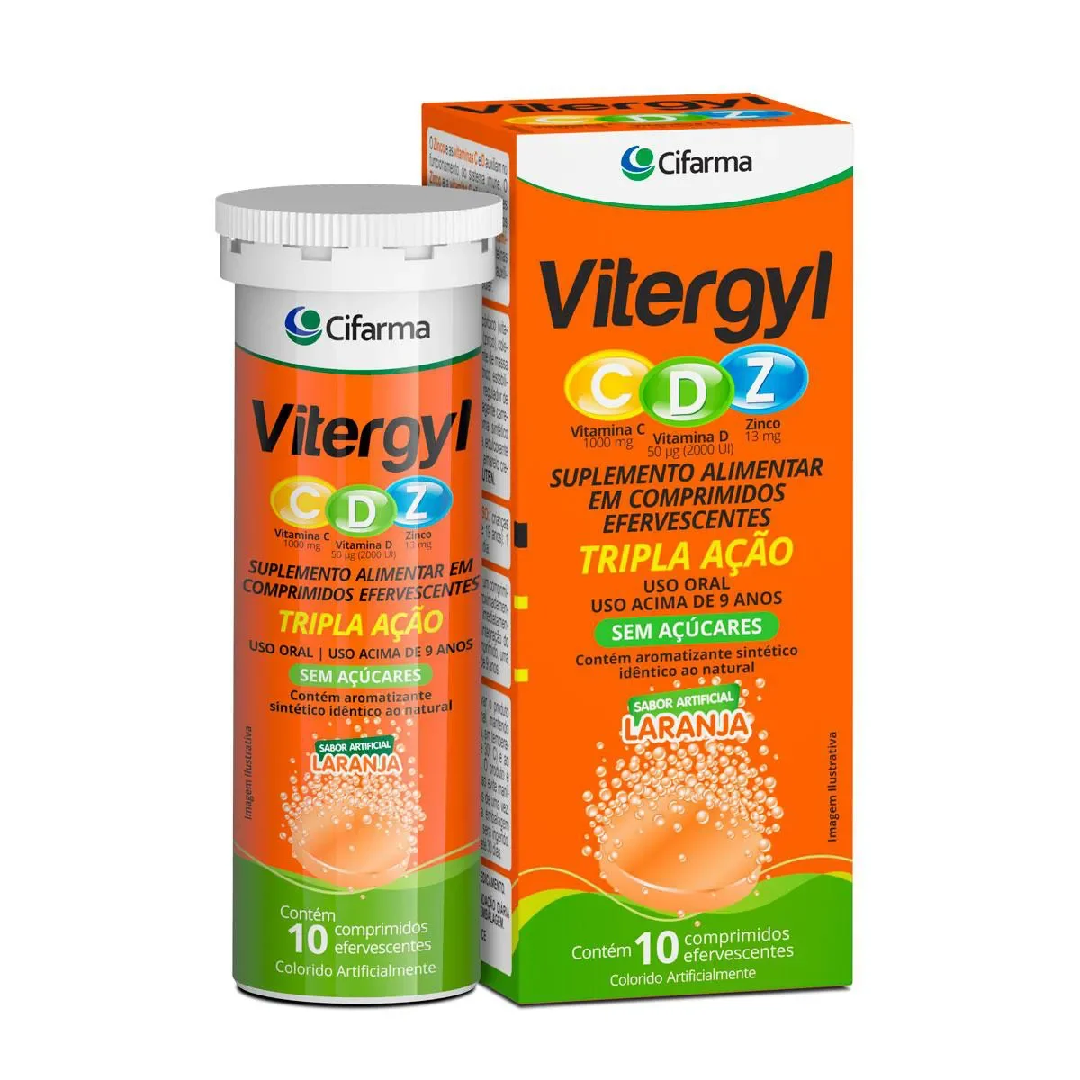 Vitamina C Efervescente Vitergyl CDZ Tripla Ação Laranja 10 comprimidos - imagem 1